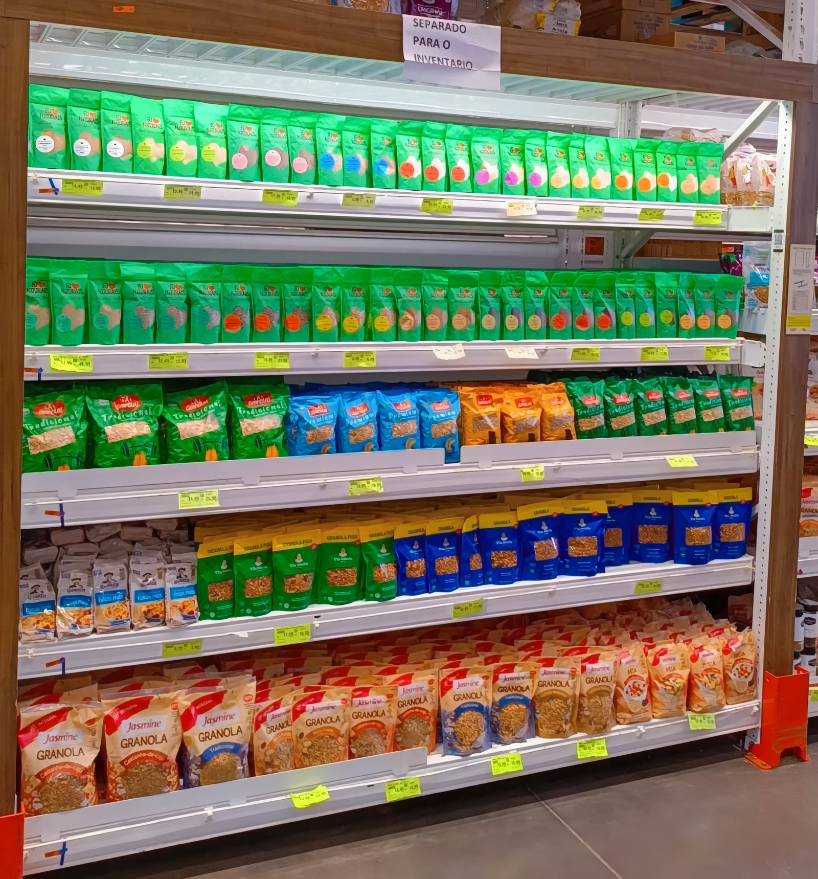 Cliente escolhendo produtos em um corredor de supermercado moderno e bem iluminado.